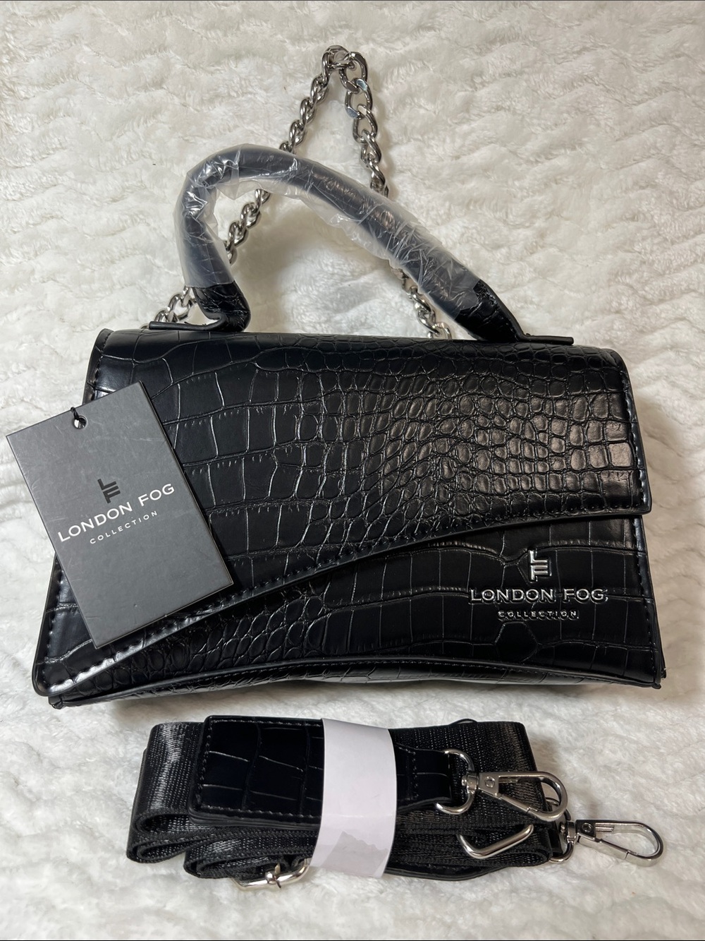 London Fog Black Croc-Embossed Shoulder Bag with Silver Chain